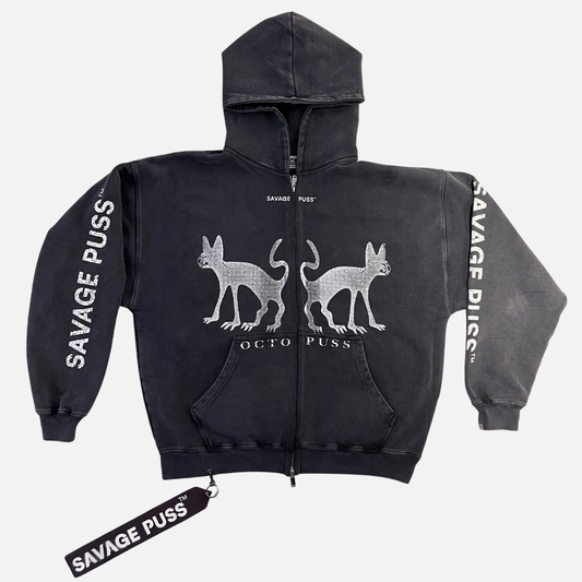 Savage Puss™ vintage black heavy double-zip hoodie