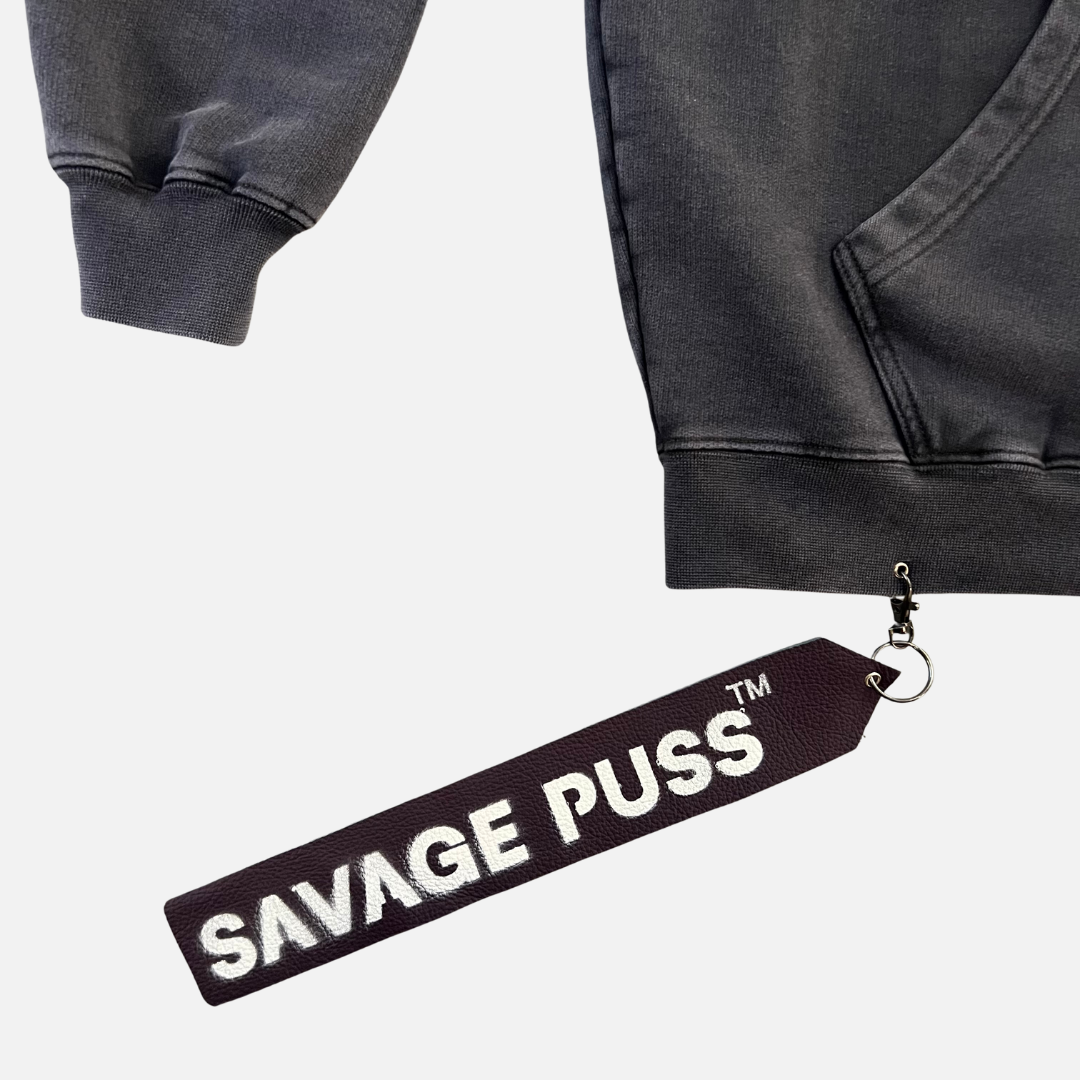 Savage Puss™ vintage black heavy double-zip hoodie